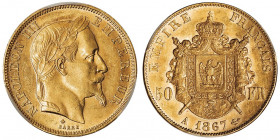 Second Empire / Napoléon III (1852-1870). 50 francs tête laurée 1867, A, Paris.

G.1112 - F.548 - Fr.582 ; Or - 16,14 g - 28 mm - 6 h

PCGS MS62 (...