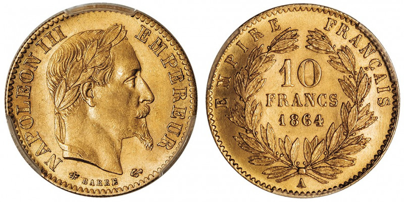 Second Empire / Napoléon III (1852-1870). 10 francs tête laurée 1864, A, Paris....