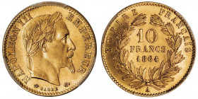Second Empire / Napoléon III (1852-1870). 10 francs tête laurée 1864, A, Paris.

G.1015 - F.507 - Fr.586 ; Or - 3,22 g - 19 mm - 6 h

PCGS MS62 (4...