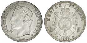 Second Empire / Napoléon III (1852-1870). 5 francs tête laurée 1869, BB, Strasbourg.

G.739 - F.331 ; Argent - 25 g - 37 mm - 6 h

Légère marque à...
