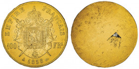 Second Empire / Napoléon III (1852-1870). Épreuve uniface de revers de 100 Francs 1858, A, Paris.

G.1135 v. ; Étain doré - 17,42 g - 34 mm - 12 h
...