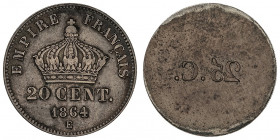 Second Empire / Napoléon III (1852-1870). Épreuve uniface de revers de 20 centimes 1864, E, Paris.

G.308 ; Bronze argenté - 0,85 g - 15 mm - 12 h
...