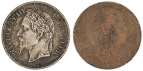 Second Empire / Napoléon III (1852-1870). Épreuve uniface d’avers de 2 Francs ND (1862), E, Paris.

G.527 ; Bronze argenté - 8,61 g - 27 mm - 12 h
...