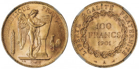 IIIe République (1870-1940). 100 francs Génie 1901, A, Paris.

G.1137 - F.552 - Fr.590 ; Or - 32,25 g - 35 mm - 6 h

NGC MS 63 (3930787-009). Peti...