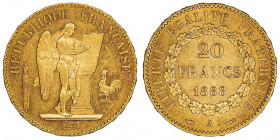 IIIe République (1870-1940). 20 francs Génie 1888, A, Paris.

G.1063 - F.533 - Fr.592 ; Or - 6,41 g - 21 mm - 6 h

Légèrement brossé à l’avers sin...