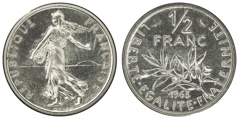 Ve République (1958 à nos jours). Piéfort de 1/2 franc Semeuse 1965, Paris.

G...