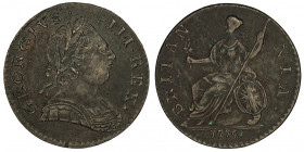Georges III (1760-1820). Demi-penny 1775, Londres.

S.3774 ; Bronze - 9,58 g - 29 mm - 6 h

Provient de la vente Auctiones AG 3, Bâle, 4 et 5 déce...