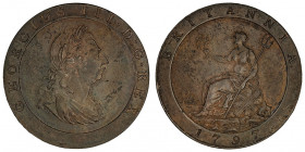 Georges III (1760-1820). Penny 1797, Soho.

S.3777 ; Bronze - 28,37 g - 36 mm - 6 h

Provient de la vente Auctiones AG 3, Bâle, 4 et 5 décembre 19...