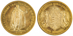 François-Joseph Ier (1848-1916). 100 corona, refrappe 1908.

Fr.249R ; Or - 33,85 g - 37 mm - 12 h

Refrappe officielle. Superbe à Fleur de coin....