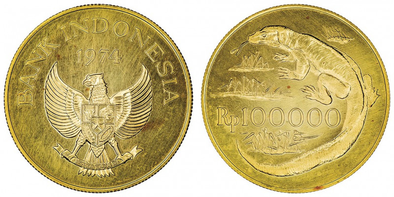 République (1949- ). 100000 rupiah 1974.

Fr.6 ; Or - 33,64 g - 34 mm - 12 h
...