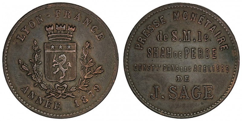 Nassereddine Shah (1848-1896). Essai au module de 5 francs des presses monétaire...