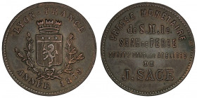 Nassereddine Shah (1848-1896). Essai au module de 5 francs des presses monétaires J. Sage 1879, Lyon.

Maz.- ; Cuivre - 23,65 g - 37 mm - 12 h

Fr...