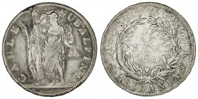 Gaule subalpine (1800-1802). 5 francs An 10 (1802), Turin.

KM.C#4 ; Argent - 24,82 g - 37 mm - 6 h

Quelques défauts de flan sur le listel. TB.