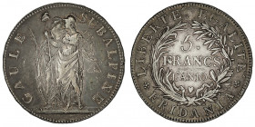 Gaule subalpine (1800-1802). 5 francs An 10 (1802), Turin.

KM.C#4 ; Argent - 24,88 g - 37 mm - 6 h

TTB.