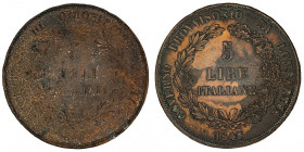 Lombardie-Vénétie, Gouvernement provisoire. 5 lire, frappe uniface en cuivre 1848.

KM.C#22.3 v. ; Cuivre - 2,44 g - 37 mm - 12 h

Semble être une...