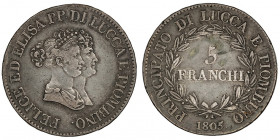 Lucques, Elisa Bonaparte et Felix Baciocchi (1805-1814). 5 franchi 1805., Florence.

KM.24.2 ; Argent - 24,68 g - 37 mm - 6 h

Variété avec un poi...