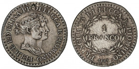Lucques, Elisa Bonaparte et Felix Baciocchi (1805-1814). 1 franco 1808, Florence.

KM.23 ; Argent - 4,85 g - 22,5 mm - 6 h

Marque à 12 h. TTB.
