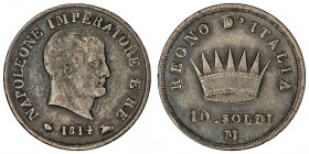 Milan, royaume d’Italie, Napoléon Ier (1805-1814). 10 soldi 1814, M, Milan.

KM.C#6.1 ; Argent - 2,47 g - 18 mm - 6 h

TTB.