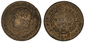 Naples, Joachim Murat (1808-1815). 2 grana 1810, Naples.

KM.C#101 ; Cuivre - 11,37 g - 28,5 mm - 12 h

TB à TTB.