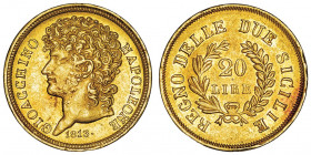 Naples, Joachim Murat (1808-1815). 20 lire 1813, Naples.

MIR.440/2 - Fr.860 ; Or - 6,42 g - 21 mm - 12 h

Infime nettoyage sinon Superbe.