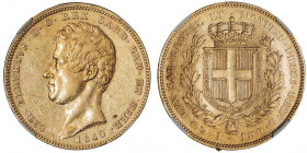 Savoie-Sardaigne, Charles-Albert (1831-1849). 100 lire 1840, Gênes.

Fr.1139 ; Or - 32,25 g - 34 mm - 6 h

NGC AU 55 (4439611-001). TTB.