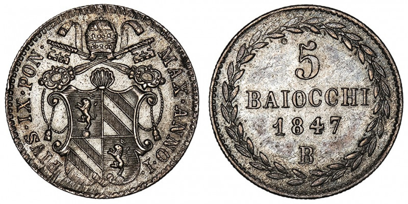 Vatican, Pie IX (1846-1878). 5 baiocchi 1847 An I, B, Bologne.

KM.1341a ; Arg...