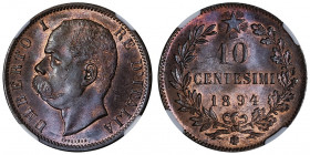 Umberto I (1878-1900). 10 centesimi 1894, B/I, Birmingham.

KM.27.1 ; Cuivre - 30 mm - 6 h

NGC MS 65 BN (5897168-028). Fleur de coin.