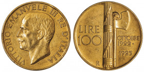Victor-Emmanuel III (1900-1946). 100 lire 1923, R, Rome.

Fr.30 ; Or - 32,25 g - 35 mm - 7 h

PCGS AU55 (33041202). Frappe légèrement décalée. Lég...