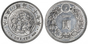 Mutsuhito ou Meiji (1867-1912). 1 yen An 27 (1894).

KM.Y#A25.3 ; Argent - 26,96 g - 38,1 mm - 6 h

PCGS Genuine Polished - AU Detail (41819816). ...