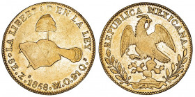 République du Mexique (1821-1917). 8 escudos 1858 Zs, Zacatecas.

Fr.75 ; Or - 26,97 g - 36 mm - 6 h

TTB.