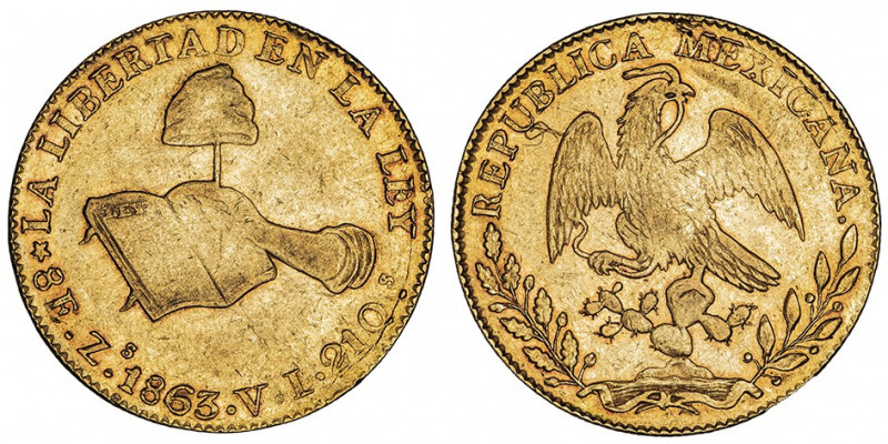 République du Mexique (1821-1917). 8 escudos 1863 Zs, Zacatecas.

Fr.75 ; Or -...