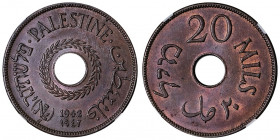 Palestine sous administration britannique (1922-1948). 20 mils 1942.

KM.5a ; Bronze - 11,30 g - 30,5 mm - 12 h

NGC MS 63 BN (5949121-006). Super...