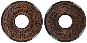 Palestine sous administration britannique (1922-1948). 5 mils 1942.

KM.3a ; Bronze - 20 mm - 12 h

NGC MS 64 BN (5949121-005). Superbe à Fleur de...