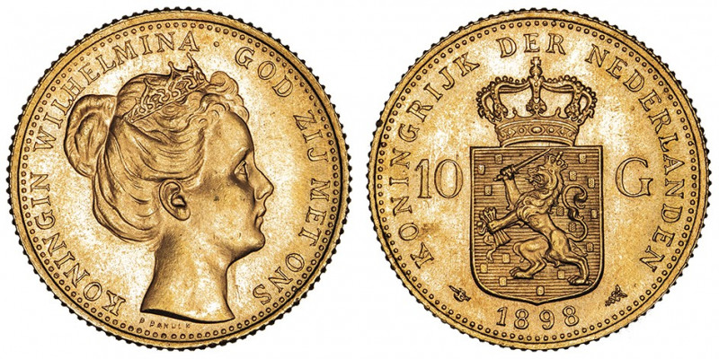 Wilhelmine (1890-1948). 10 florins 1898, Utrecht.

Fr.348 ; Or - 6,72 g - 22,5...