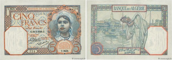 Country : ALGERIA 
Face Value : 5 Francs  
Date : 19 mai 1928 
Period/Province/B...