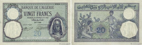 Country : ALGERIA 
Face Value : 20 Francs  
Date : 20 avril 1920 
Period/Provinc...