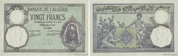 Country : ALGERIA 
Face Value : 20 Francs  
Date : 18 avril 1941 
Period/Provinc...