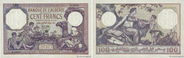 Country : ALGERIA 
Face Value : 100 Francs  
Date : 22 septembre 1936 
Period/Pr...