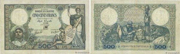 Country : ALGERIA 
Face Value : 500 Francs  
Date : 09 septembre 1939 
Period/Pr...