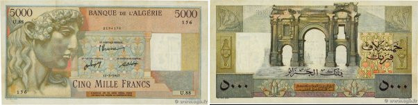 Country : ALGERIA 
Face Value : 5000 Francs  
Date : 12 mars 1947 
Period/Provin...