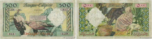 Country : ALGERIA 
Face Value : 500 Francs  
Date : 18 mars 1958 
Period/Provinc...