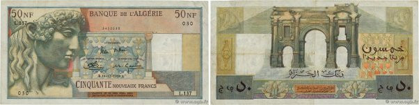 Country : ALGERIA 
Face Value : 50 Nouveaux Francs  
Date : 18 décembre 1959 
Pe...