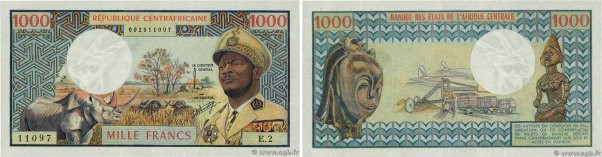 Country : CENTRAL AFRICAN REPUBLIC 
Face Value : 1000 Francs  
Date : (1974) 
Pe...