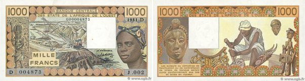 Country : WEST AFRICAN STATES 
Face Value : 1000 Francs  
Date : 1981 
Period/Pr...