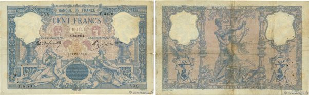 Country : FRANCE 
Face Value : 100 Francs BLEU ET ROSE  
Date : 05 octobre 1904 ...