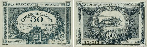 Country : MONACO 
Face Value : 50 Centimes  
Date : 16 mars 1920 
Period/Provinc...