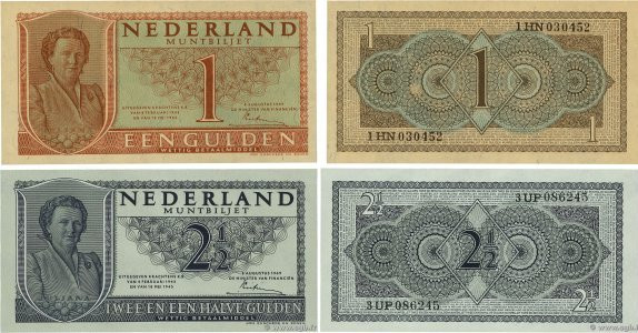 Country : NETHERLANDS 
Face Value : 1 et 2,5 Gulden Lot 
Date : 18 mai 1945 
Per...