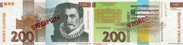 Country : SLOVENIA 
Face Value : 200 Tolarjev Spécimen 
Date : 15 janvier 2004 
...