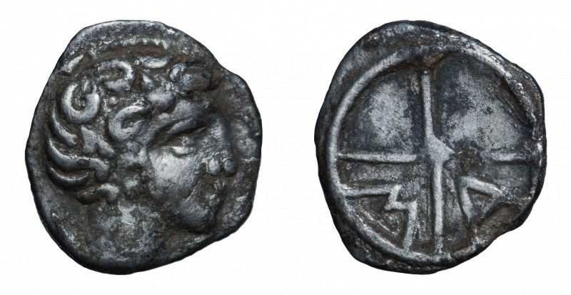 Massalia (Marseille). Obol AR circa 350-220 BC.
Obv. Juvenile head of Apollo on ...