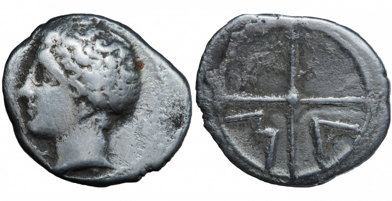 Massalia (Marseille). Obol AR circa 350-220 BC.
Obv. Juvenile head of Apollo on ...